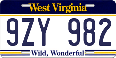 WV license plate 9ZY982