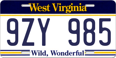WV license plate 9ZY985