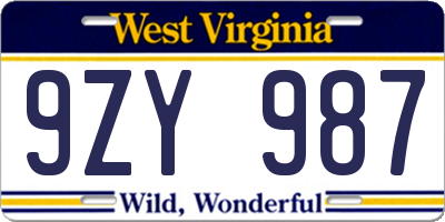WV license plate 9ZY987