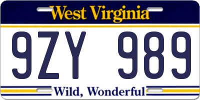 WV license plate 9ZY989