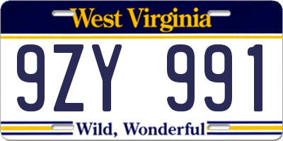 WV license plate 9ZY991