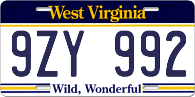 WV license plate 9ZY992