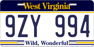 WV license plate 9ZY994