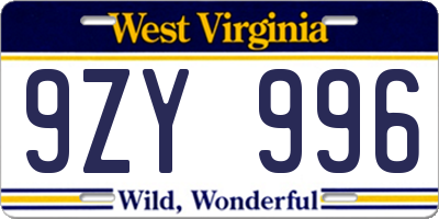 WV license plate 9ZY996