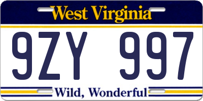 WV license plate 9ZY997