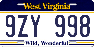 WV license plate 9ZY998