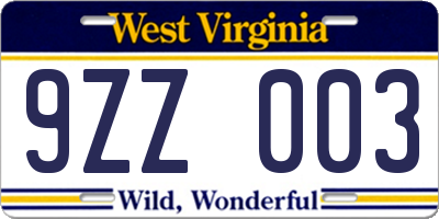 WV license plate 9ZZ003