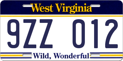 WV license plate 9ZZ012