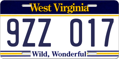 WV license plate 9ZZ017