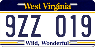 WV license plate 9ZZ019