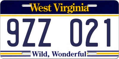 WV license plate 9ZZ021
