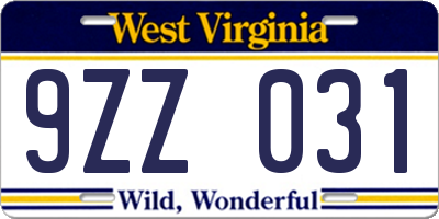 WV license plate 9ZZ031