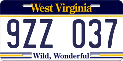 WV license plate 9ZZ037