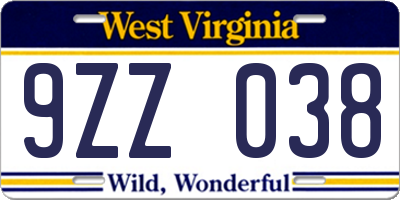 WV license plate 9ZZ038
