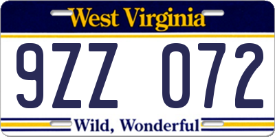 WV license plate 9ZZ072
