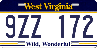 WV license plate 9ZZ172