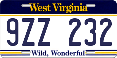 WV license plate 9ZZ232