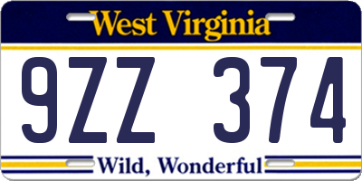 WV license plate 9ZZ374
