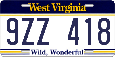 WV license plate 9ZZ418