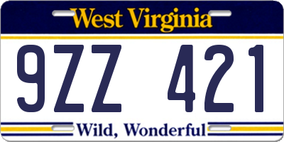 WV license plate 9ZZ421