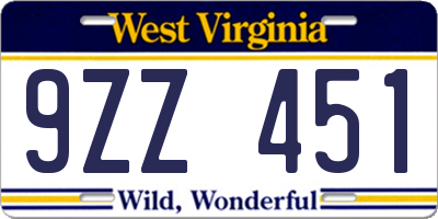 WV license plate 9ZZ451