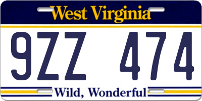 WV license plate 9ZZ474
