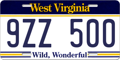 WV license plate 9ZZ500