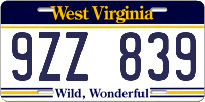 WV license plate 9ZZ839