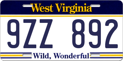 WV license plate 9ZZ892