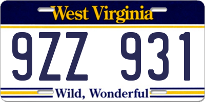 WV license plate 9ZZ931