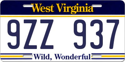 WV license plate 9ZZ937