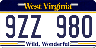 WV license plate 9ZZ980