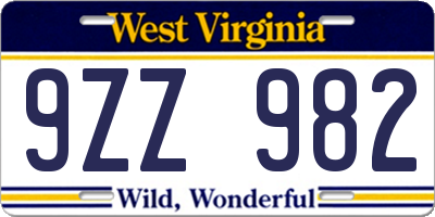 WV license plate 9ZZ982