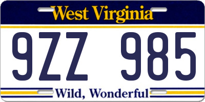 WV license plate 9ZZ985