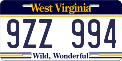 WV license plate 9ZZ994