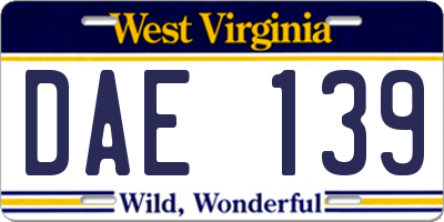 WV license plate DAE139