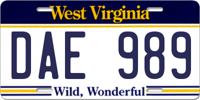 WV license plate DAE989