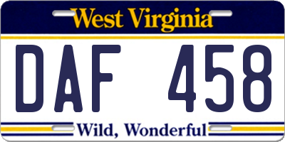 WV license plate DAF458