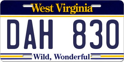 WV license plate DAH830