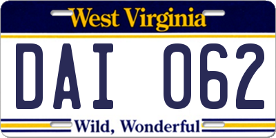 WV license plate DAI062