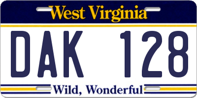 WV license plate DAK128