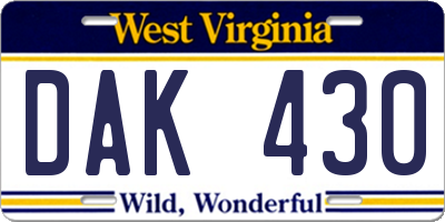 WV license plate DAK430