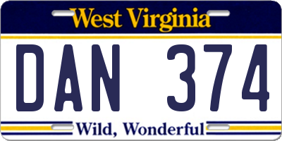 WV license plate DAN374