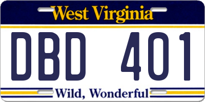 WV license plate DBD401