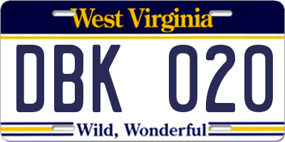 WV license plate DBK020