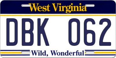 WV license plate DBK062