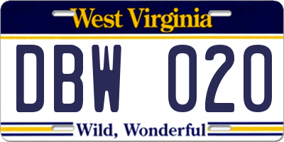WV license plate DBW020