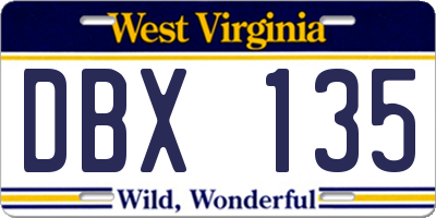 WV license plate DBX135