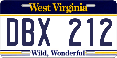 WV license plate DBX212