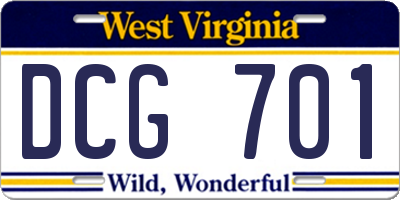 WV license plate DCG701